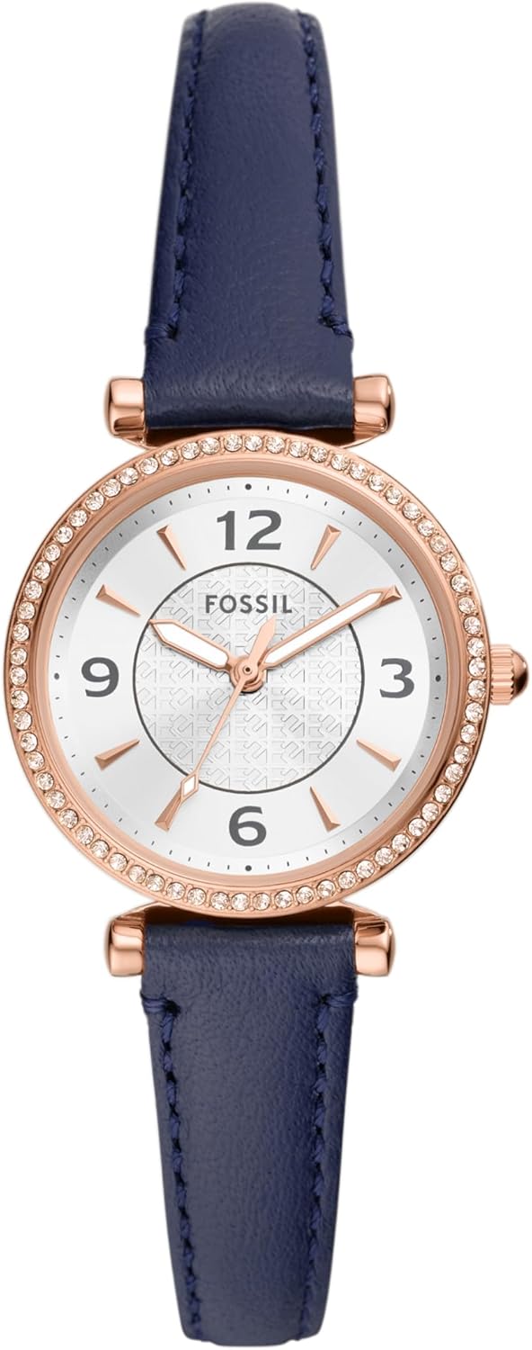 Rose Gold Navy Stainless Steel and Leather Three-Hand Watch Y439