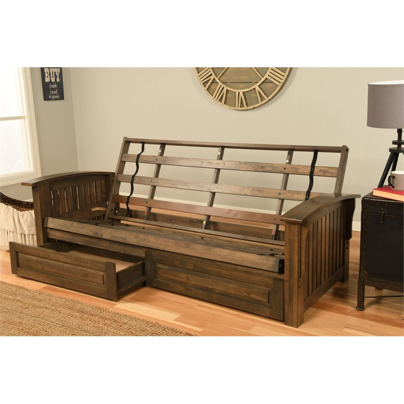 Walnut Futon with Drawers and Suede Blue Mattress C476642
