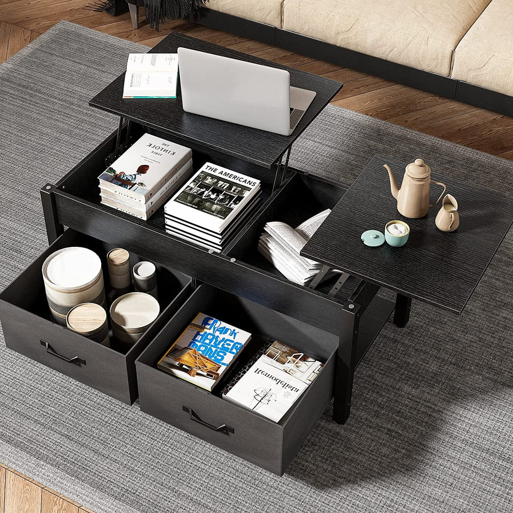 Lift Top Coffee Table with 2 Drawers and Open Side Shelf V278