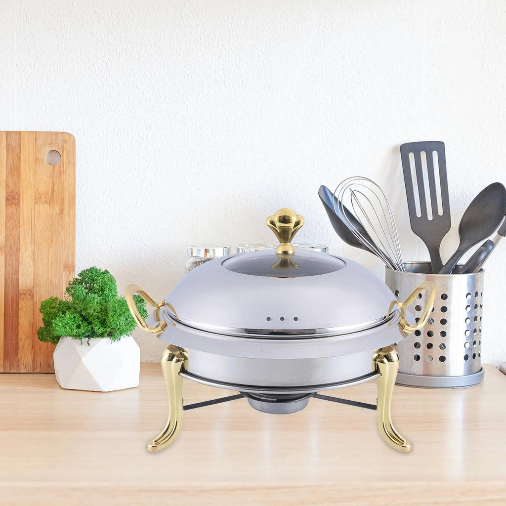 Stainless Steel Round Food Warmer with Glass Viewing Lid and Fuel Holder D5148