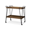 Antique Black Metal Distressed Ash Wood Mobile Serving Bar Cart W9350