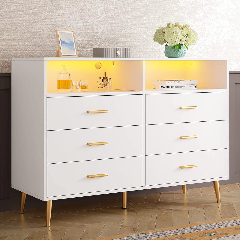 White 6 Drawer Dresser with LED Lights K619391