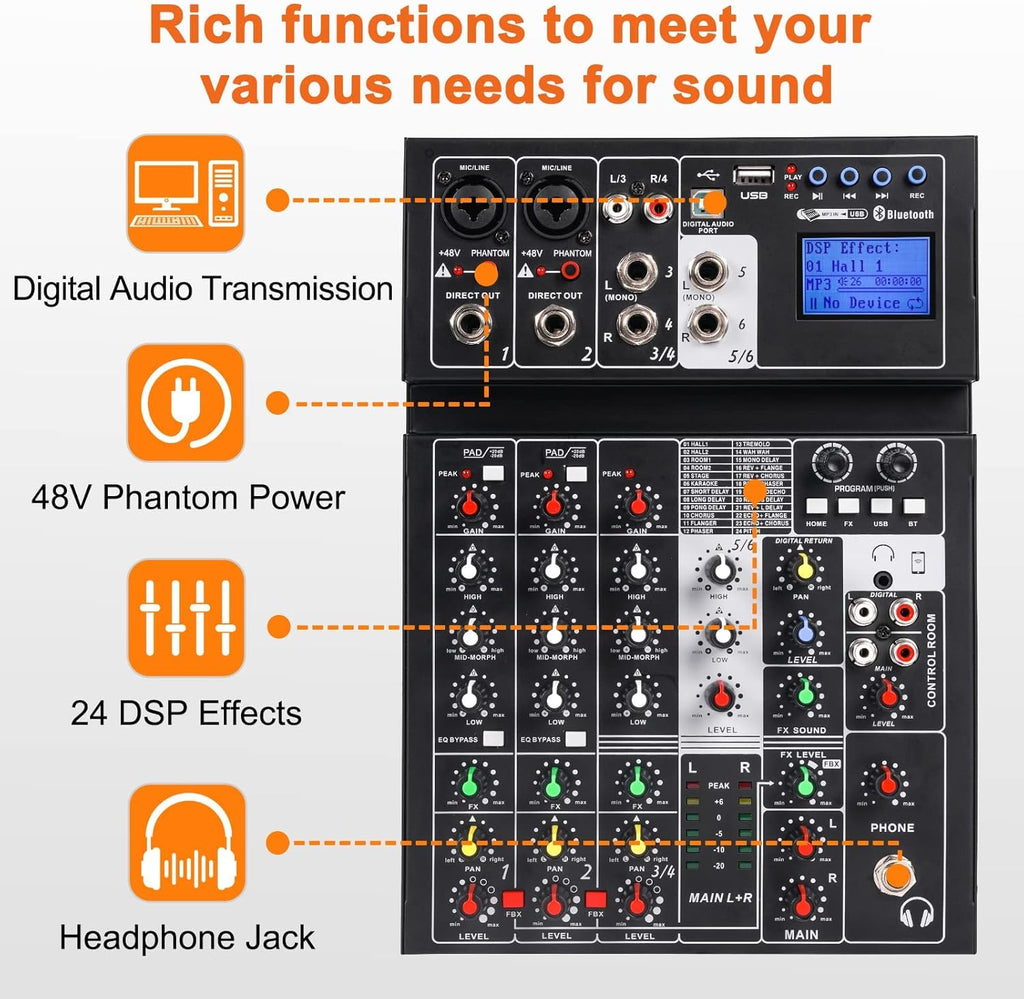 6 Channel Sound Mixer with USB MP3 Wireless Input 48V Phantom Power U363079