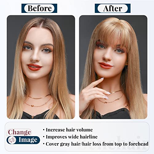 Medium Brown Mix Dark Blonde Real Remy Human Hair Topper with Bangs 38g 6inch B3955