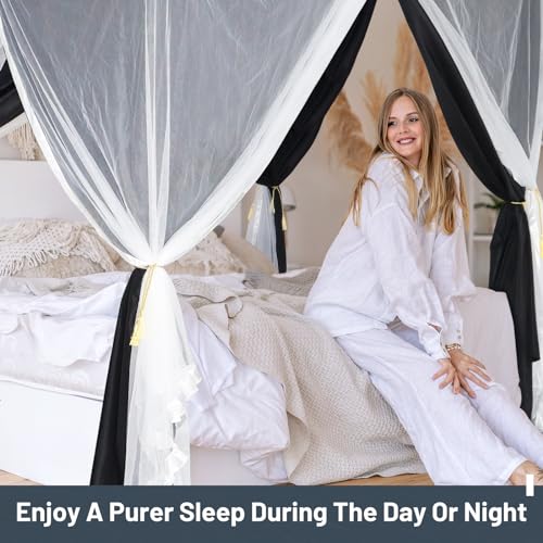 Full Size 90% Blackout 4 Corners Post Bed Canopy Curtains with Mosquito Net W6377