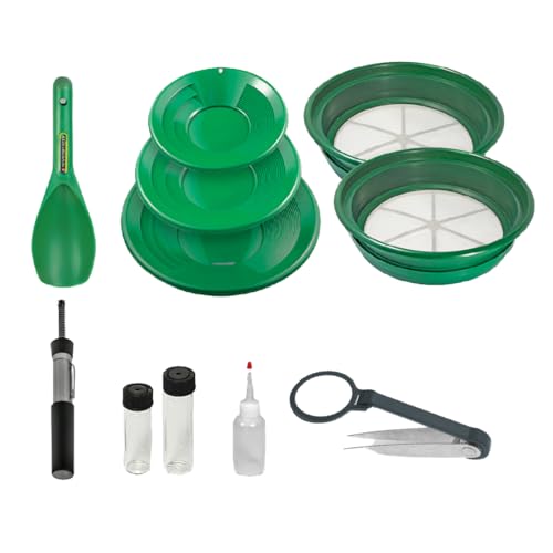 11-Piece Gold Panning Kit with Pans, Sieves, Tweezers, Glass Bottles, Sand Magnet L69047