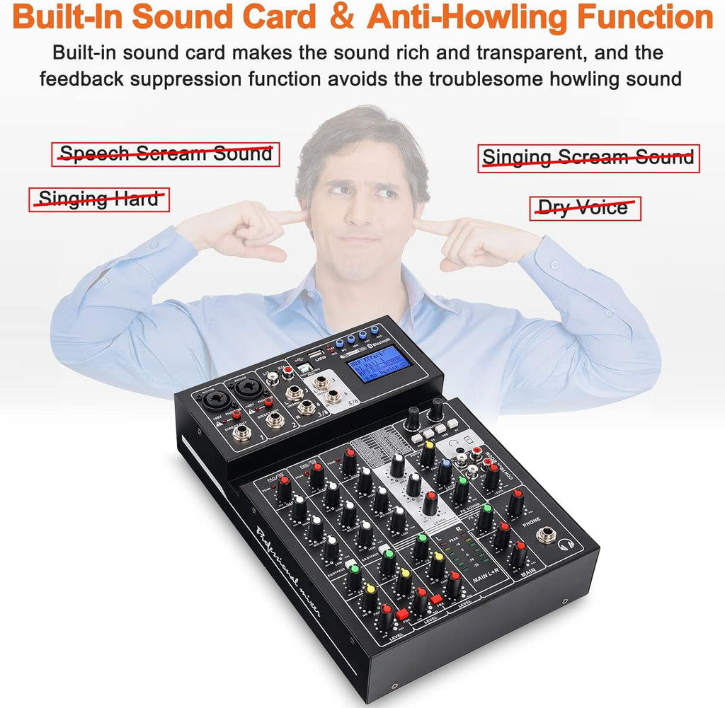 6 Channel Sound Mixer with USB MP3 Wireless Input 48V Phantom Power U363079