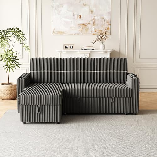 Corduroy Upholstered L-Shaped Sleeper Sectional Sofa Bed with Storage Chaise A41651