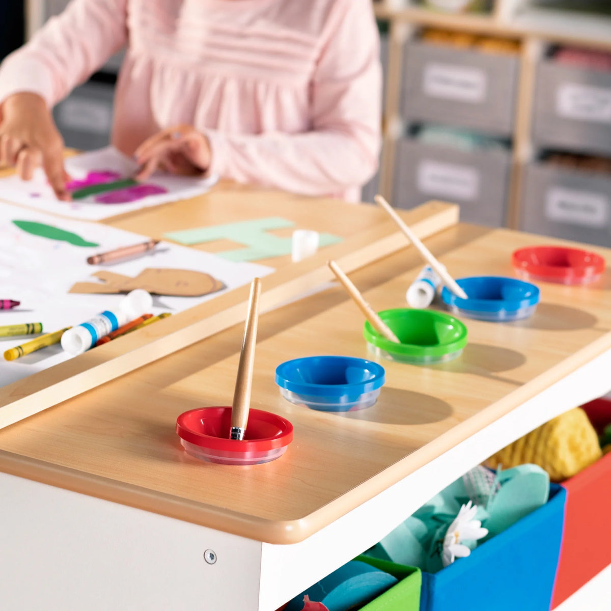 Kids Activity Table and Drawing Desk with Stools, Storage Canvas Bins, Paper Roller, and Paint Cups D49673