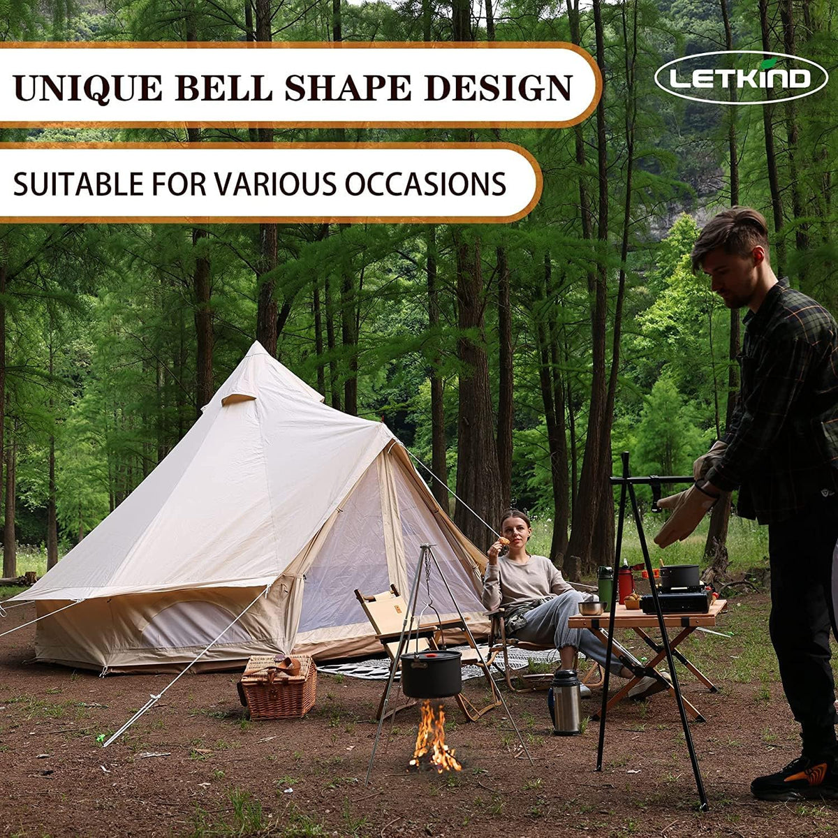 Canvas Bell Tent with Stove Jack, 4 Season Waterproof Cotton Camping Tent M650