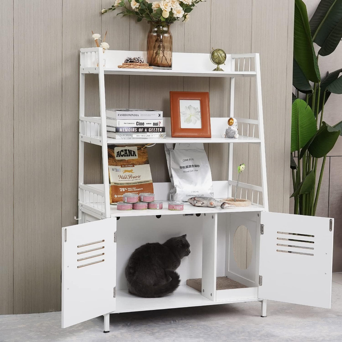 White Wooden Cat Litter Box Enclosure with 2 Doors Y328245