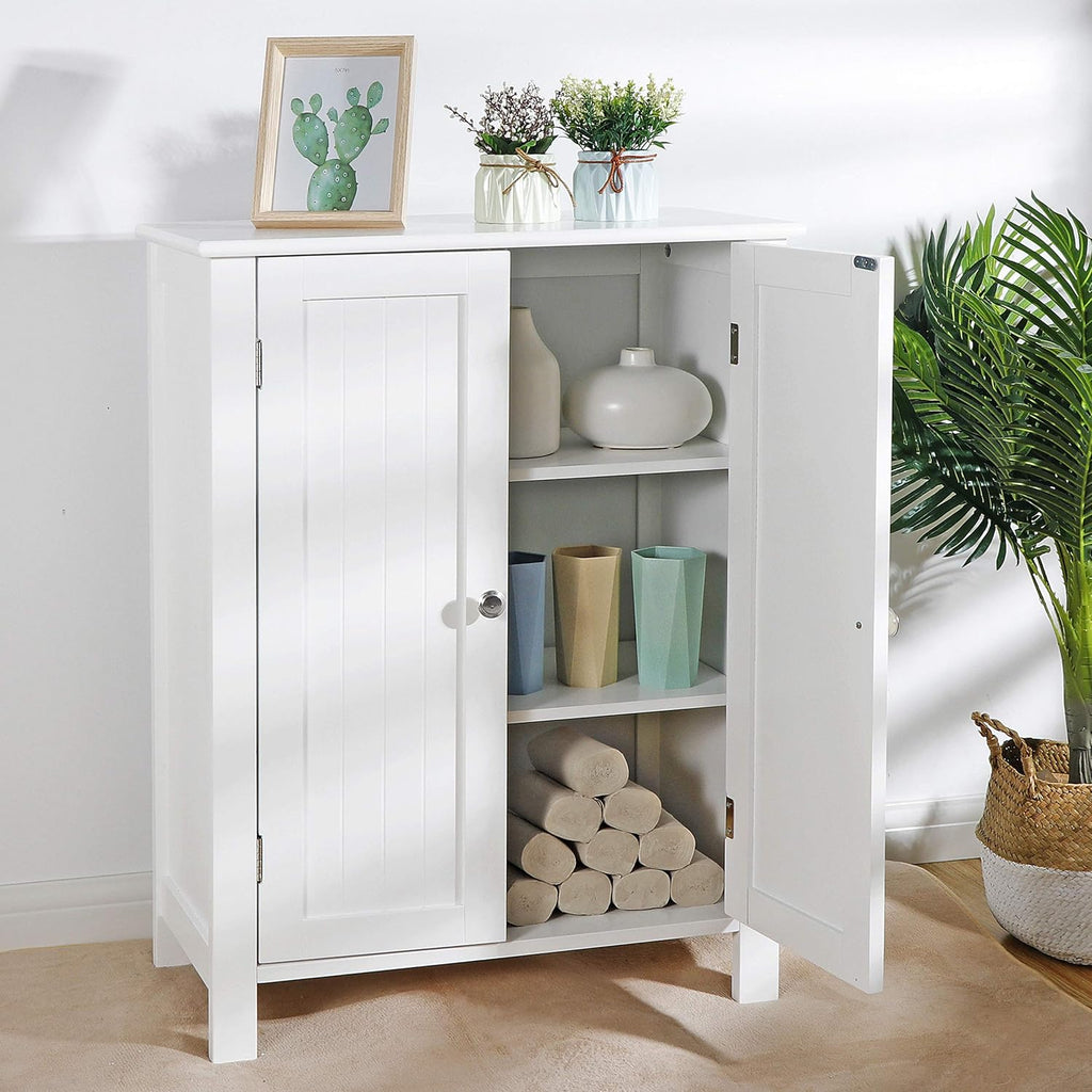 White Bathroom Floor Storage Cabinet with Adjustable Shelf K11803