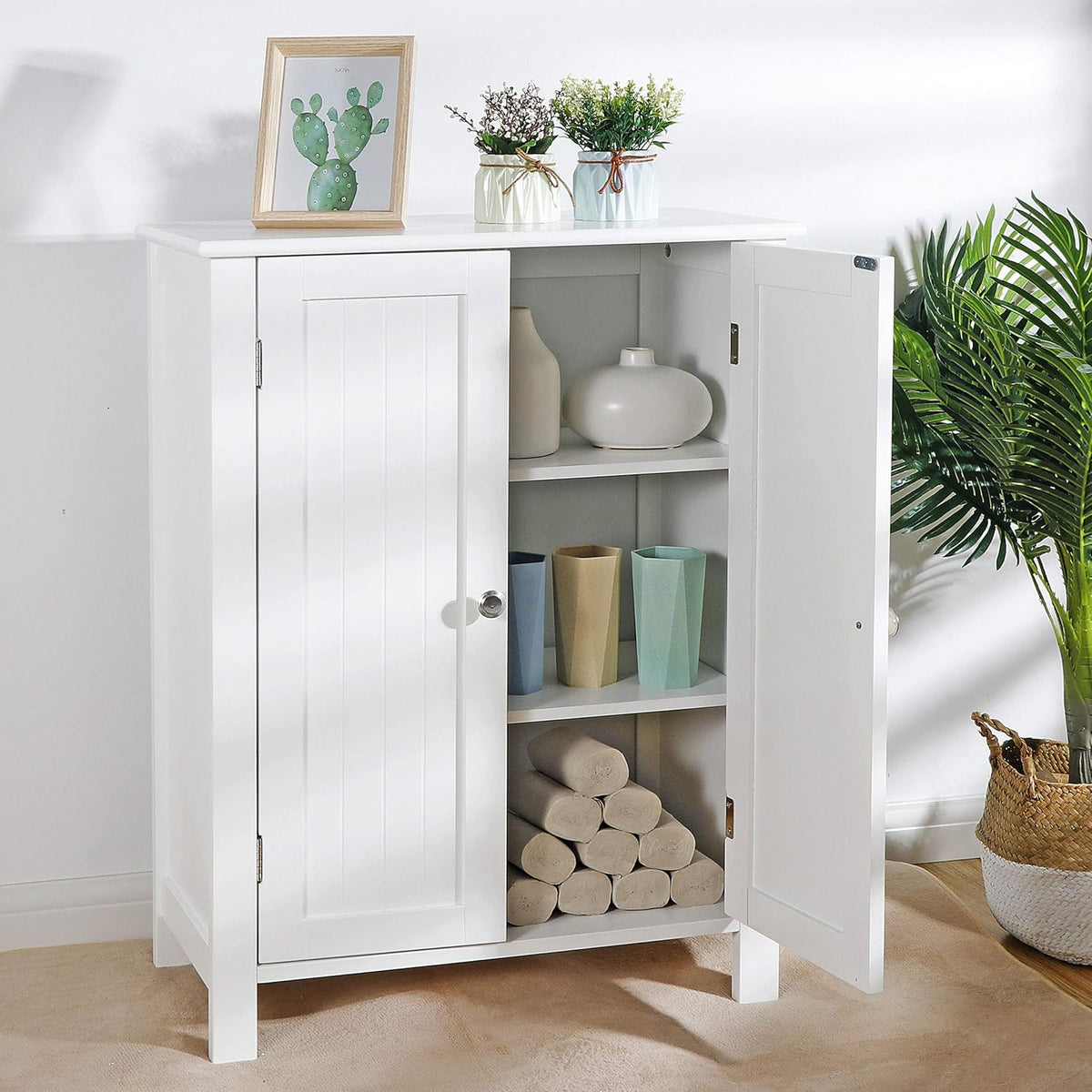 White Bathroom Floor Storage Cabinet with Adjustable Shelf K11803