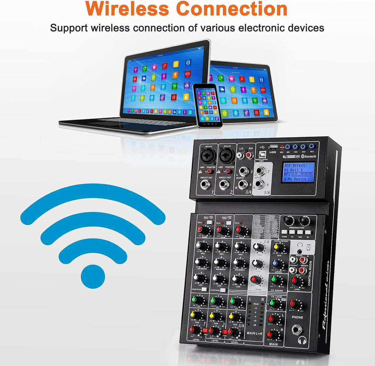 6 Channel Sound Mixer with USB MP3 Wireless Input 48V Phantom Power U363079