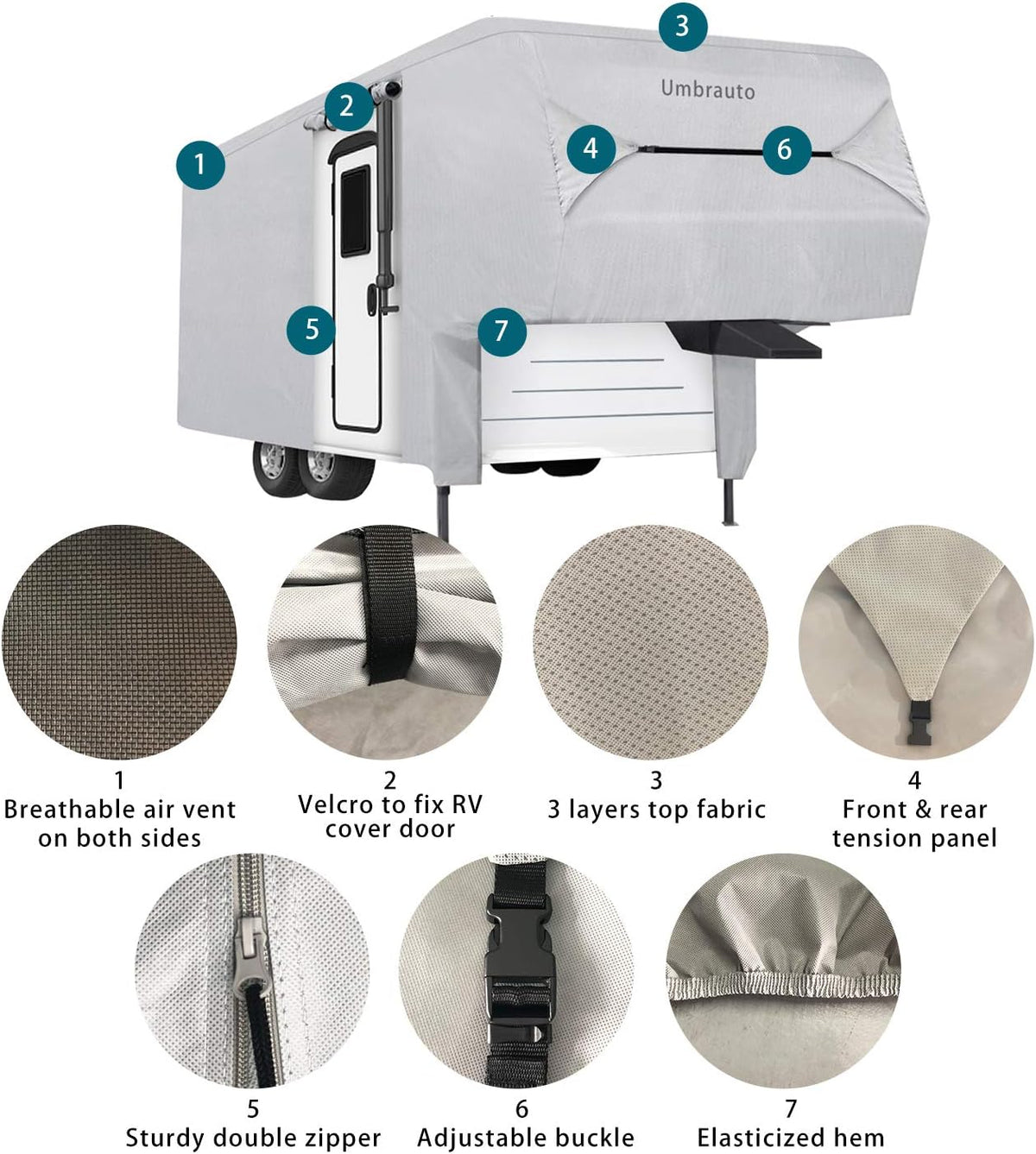 5th Wheel RV Cover 3 Layers Waterproof Breathable Gray V788
