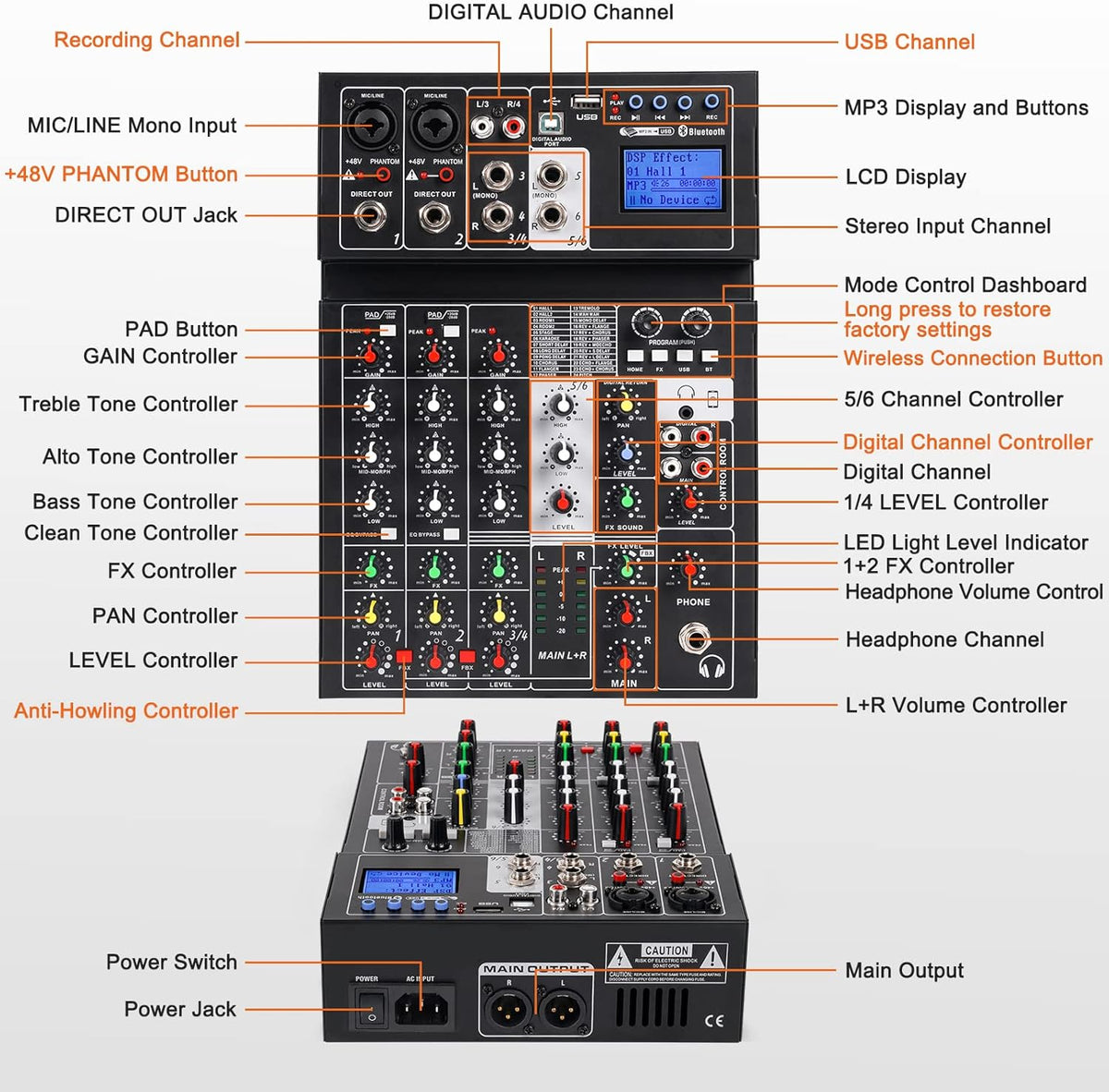 6 Channel Sound Mixer with USB MP3 Wireless Input 48V Phantom Power U363079