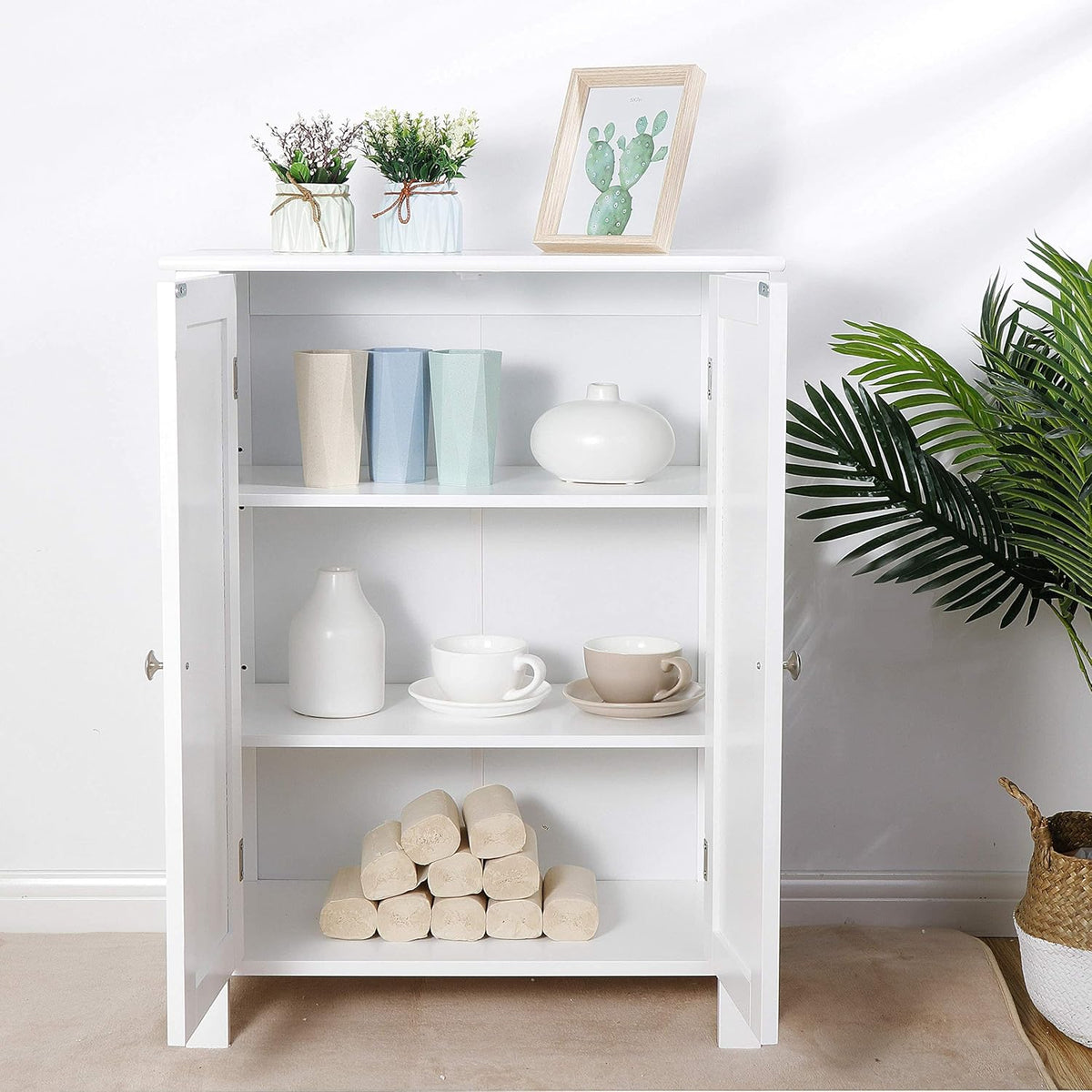 White Bathroom Floor Storage Cabinet with Adjustable Shelf K11803