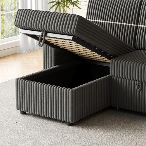 Corduroy Upholstered L-Shaped Sleeper Sectional Sofa Bed with Storage Chaise A41651