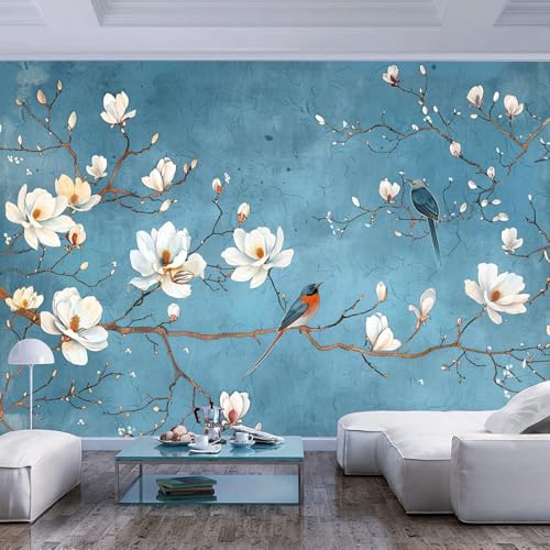 Beige Nordic Flowers Birds Wall Mural Wallpaper H465358