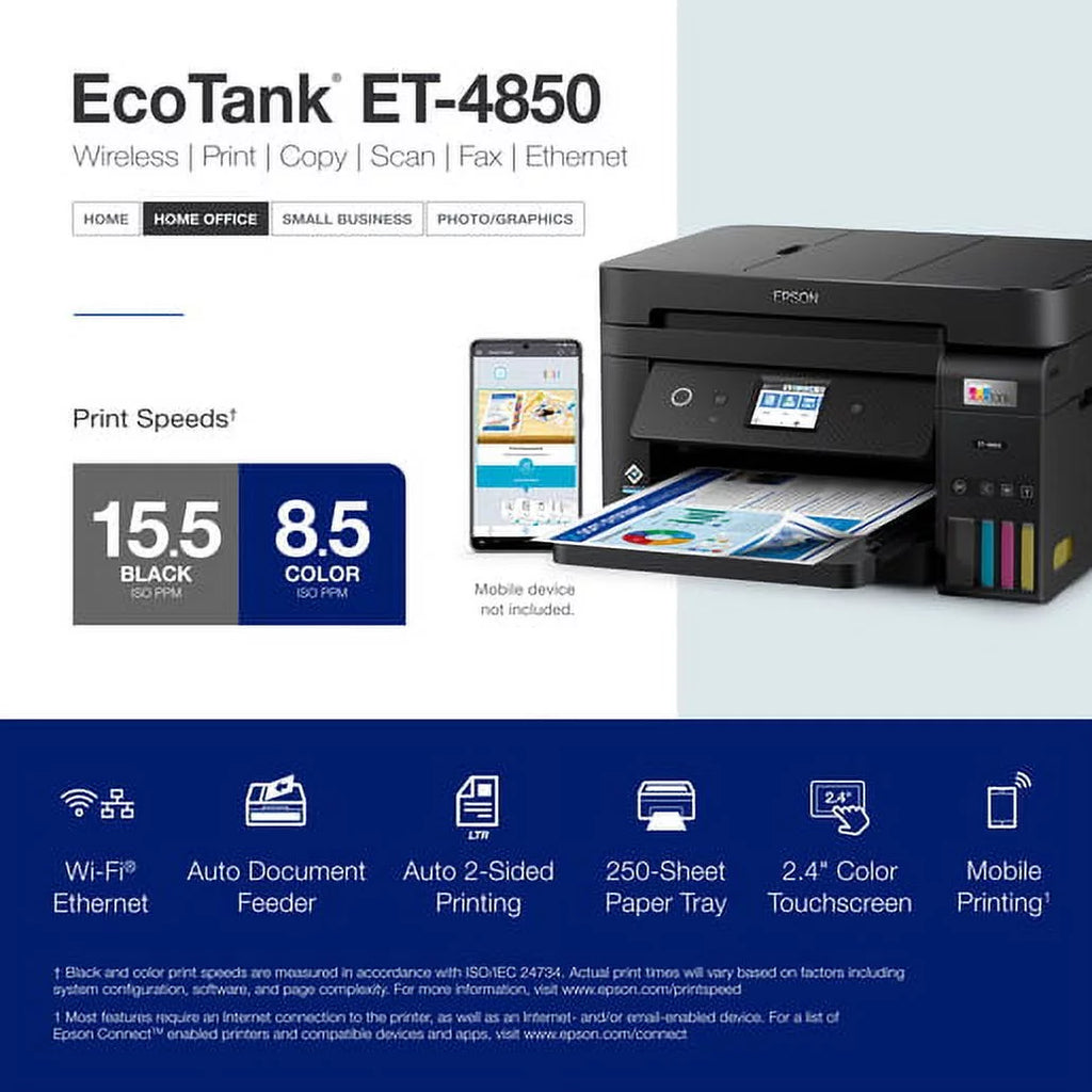 EcoTank ET-4850 Wireless All-in-One Supertank Printer with Scanner, Copier, Fax, ADF and Ethernet I7086