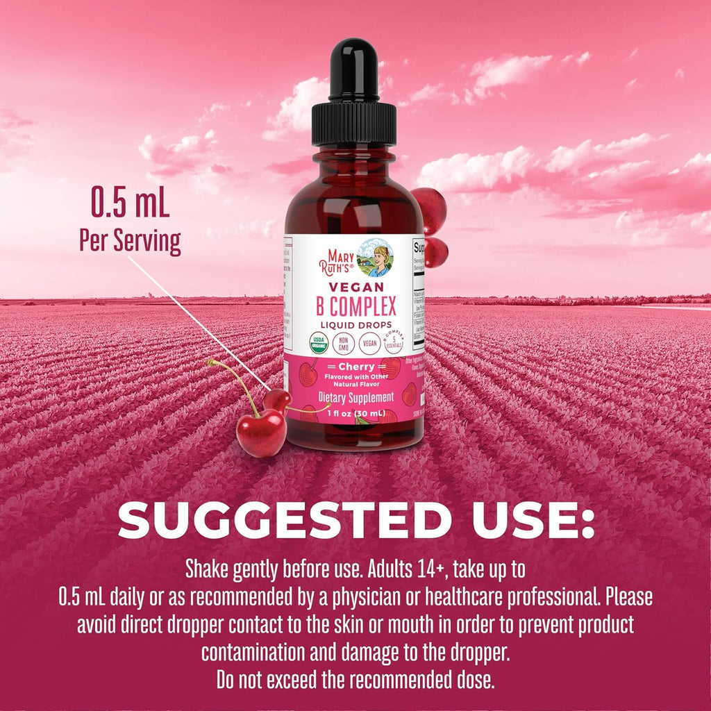 USDA Organic Vegan Vitamin B Complex Liquid Drops, Cherry Flavor, 1 fl oz / 30 ml E110427