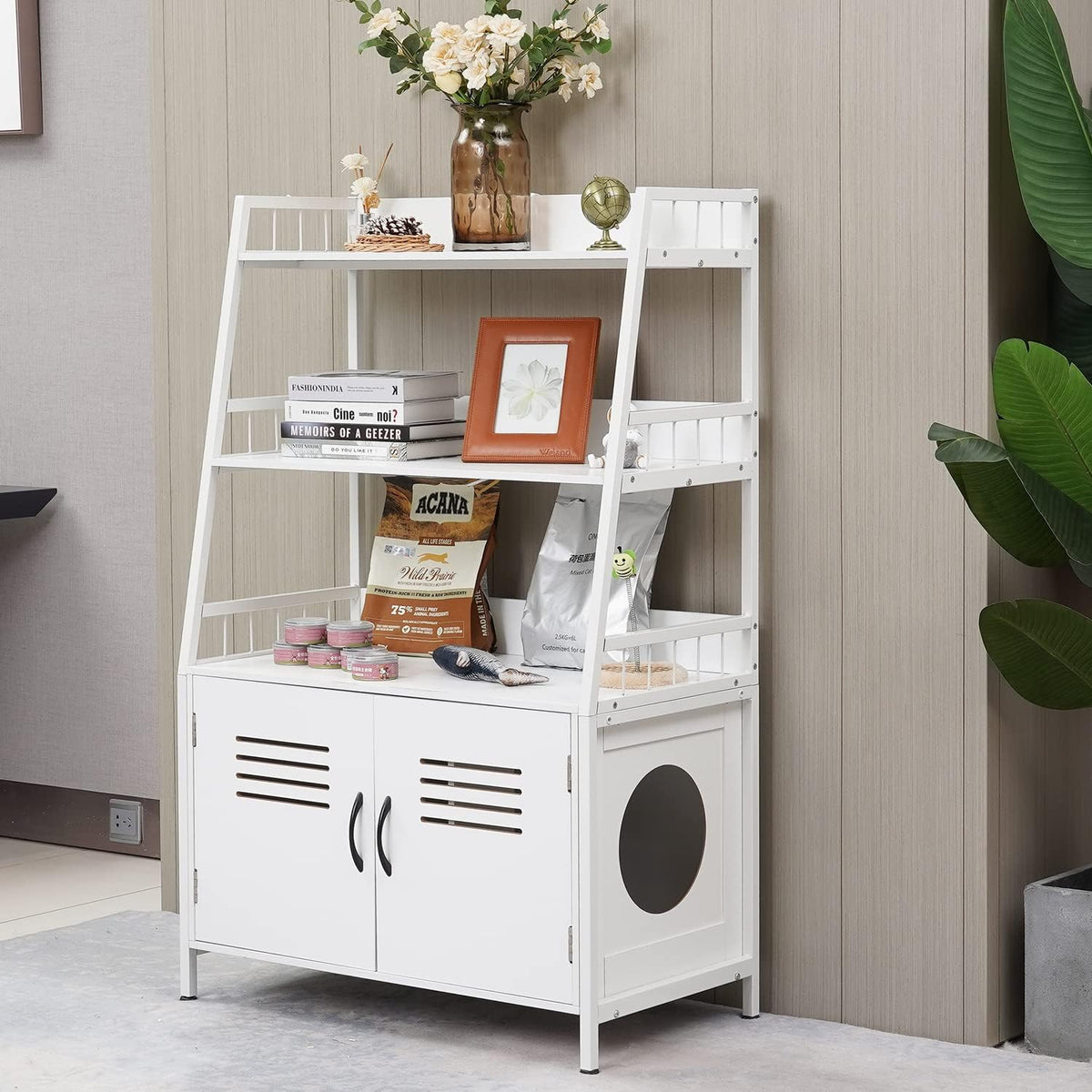 White Wooden Cat Litter Box Enclosure with 2 Doors Y328245