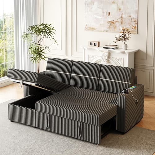 Corduroy Upholstered L-Shaped Sleeper Sectional Sofa Bed with Storage Chaise A41651