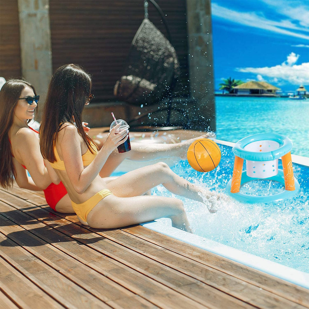 Light Blue Inflatable Pool Volleyball Set with 2 Balls and Basketball Hoops H27381