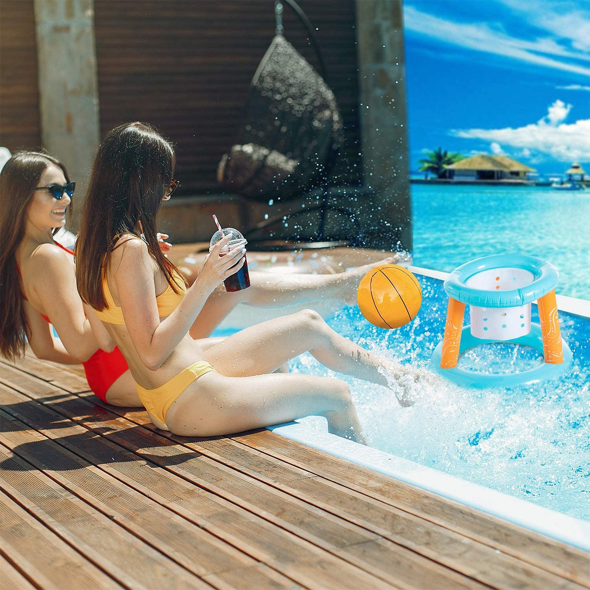 Light Blue Inflatable Pool Volleyball Set with 2 Balls and Basketball Hoops H27381