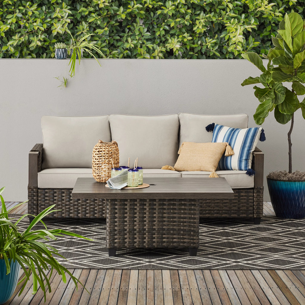 Brown Wicker Sofa and Adjustable Height Table Set Q69905