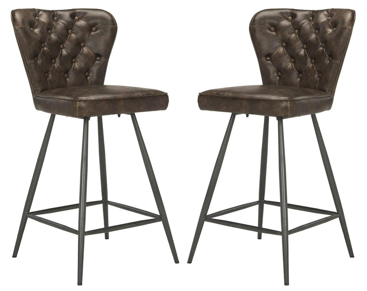 Leather Tufted Swivel Counter Stool in Brown - Set of 2 P628