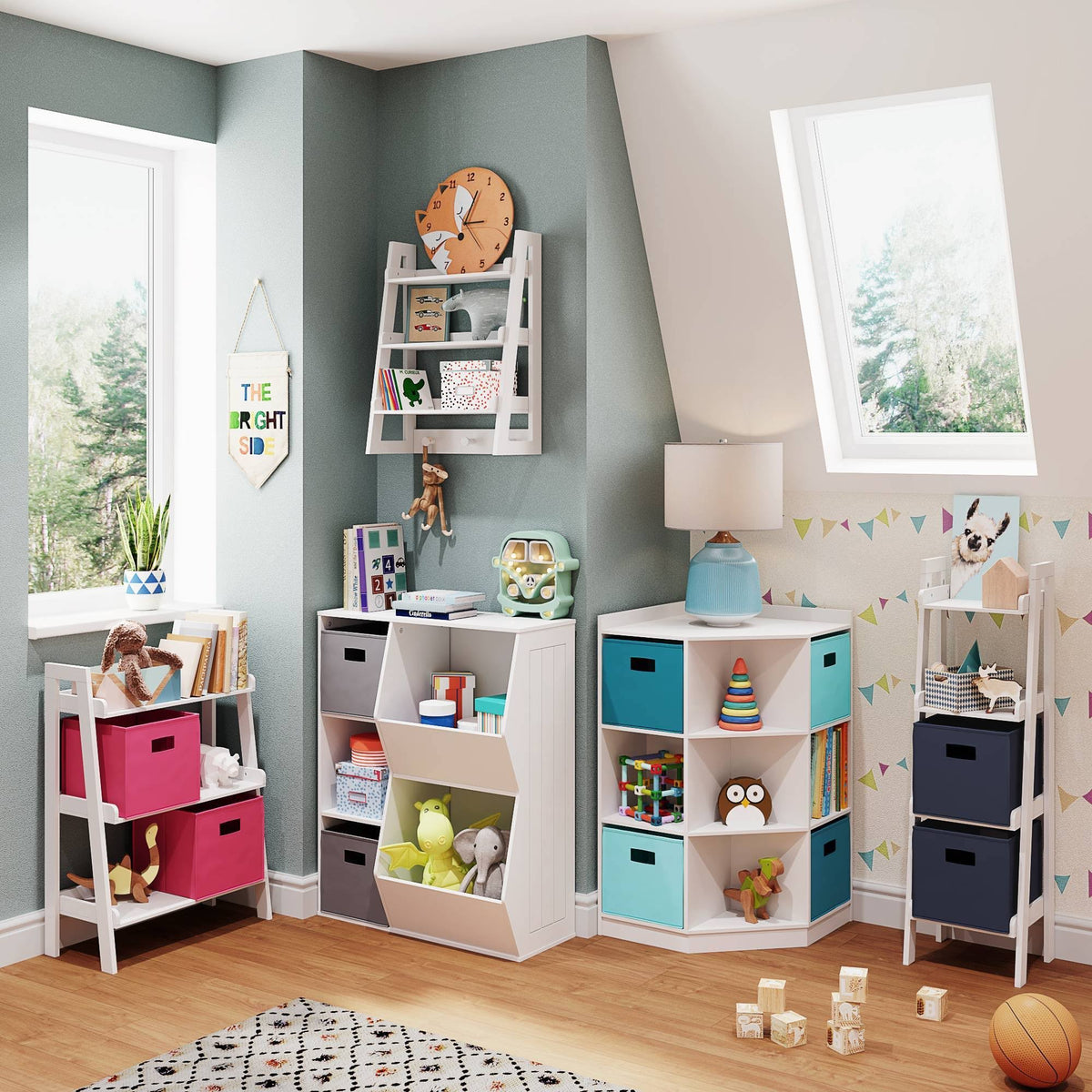 5pc Kids Corner Cabinet Set with 4 Bins White Turquoise Aqua D480