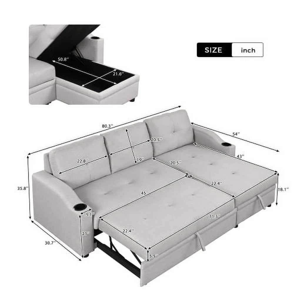 Gray Velvet L-Shape Sectional Sofa with Pull-Out Sleeper S1574