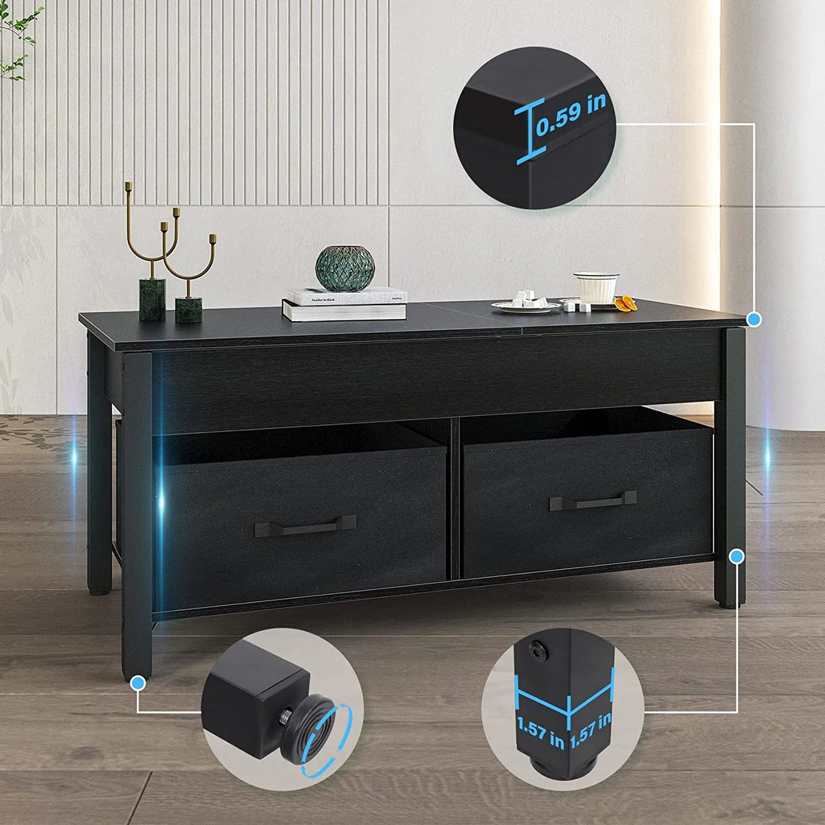 Lift Top Coffee Table with 2 Drawers and Open Side Shelf V278