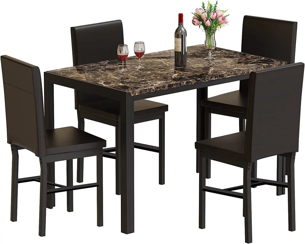 5 Piece Marble Dining Table Set with Faux Leather Metal Frame Chairs W656