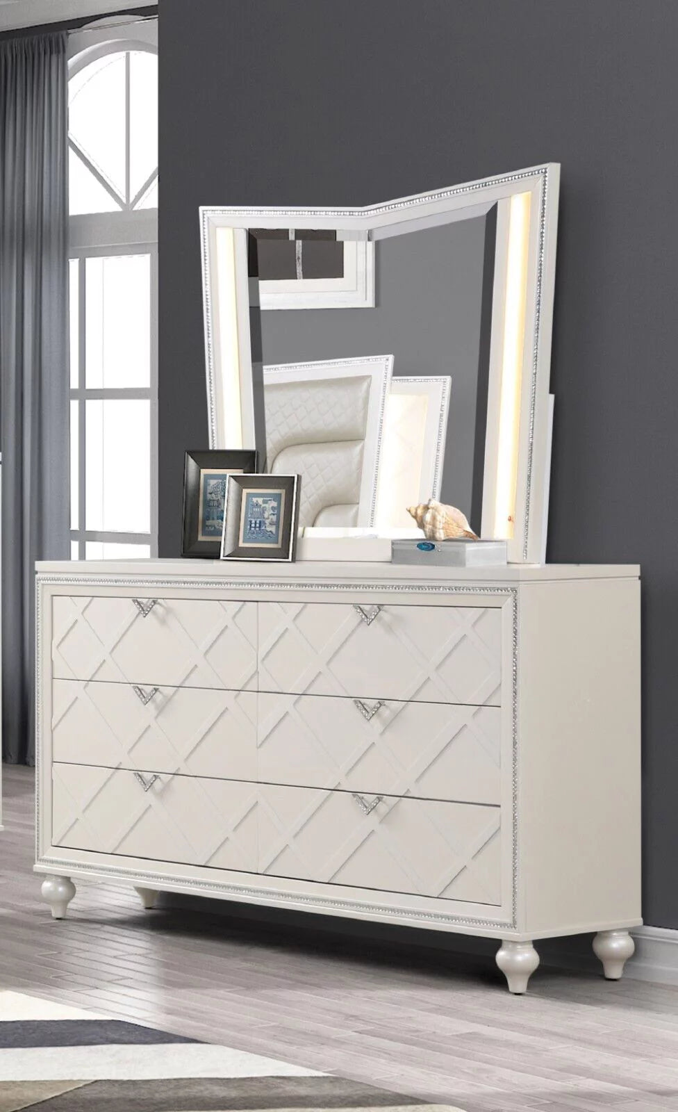 5pc King Size Storage LED Headboard Bed Dresser Mirror Nightstand L54380