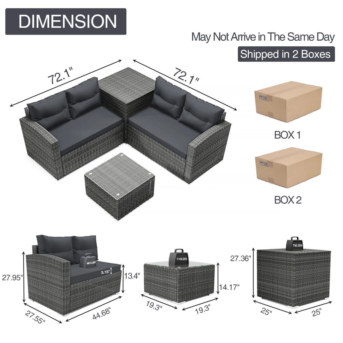 4 Pcs Wicker Patio Conversation Sofa Set with Storage Box & Table W38409