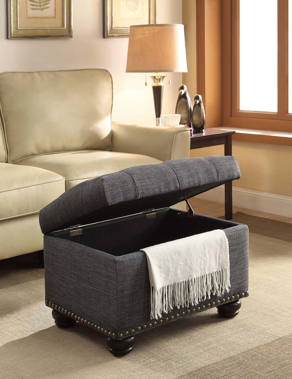 Dark Charcoal Gray Fabric Storage Ottoman P1055