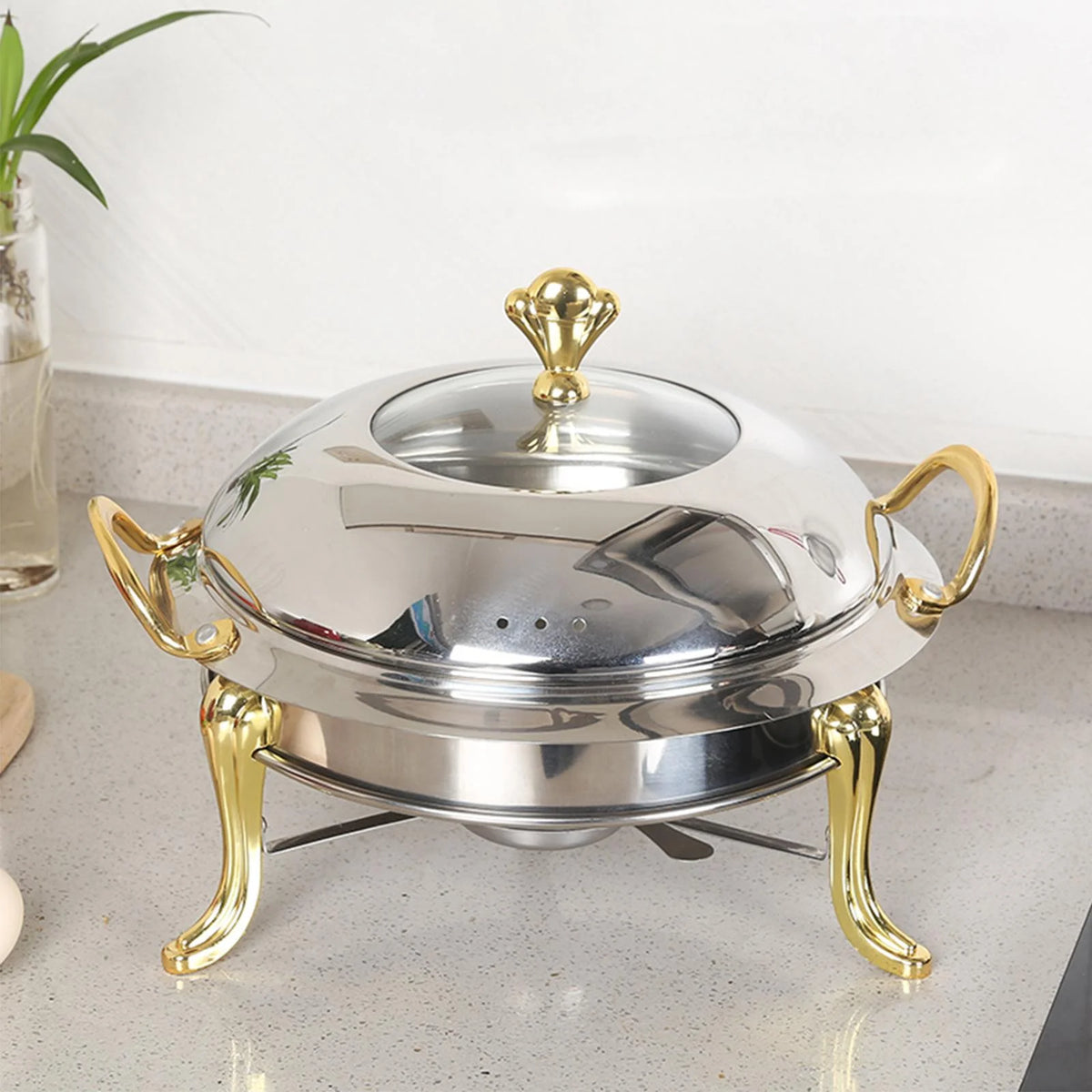 Stainless Steel Round Food Warmer with Glass Viewing Lid and Fuel Holder D5148