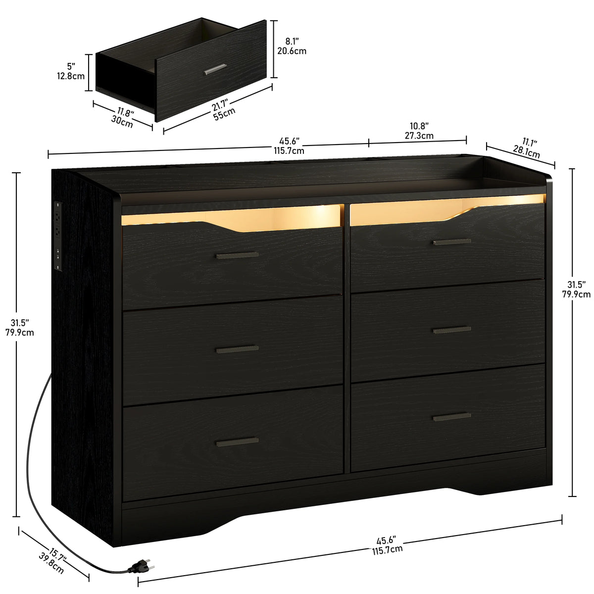 White 6 Drawer Dresser with LED Lights and Charging Station P51145