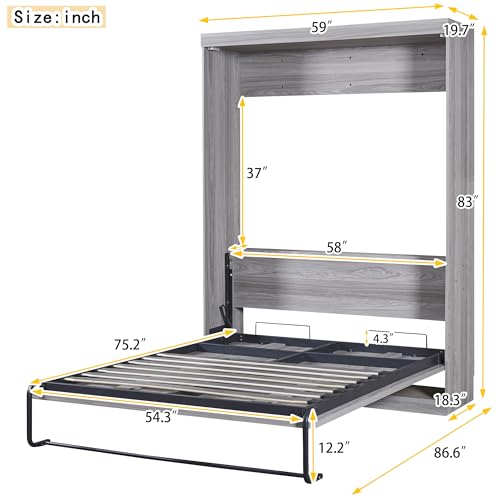 Full Size Grey Murphy Bed with Side Cabinet Storage H85773