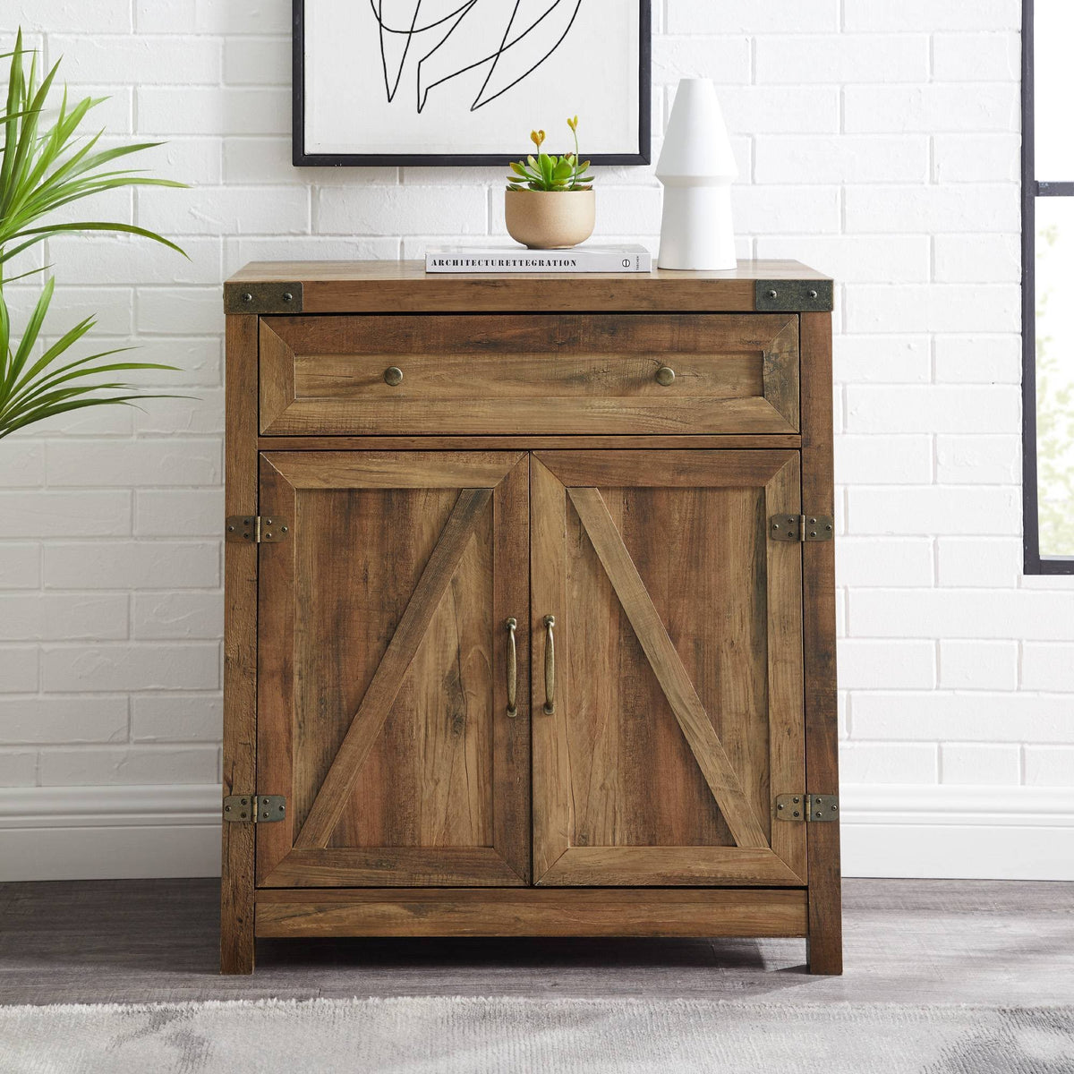 Rustic Farmhouse Barn Door Accent Cabinet Brown N65937