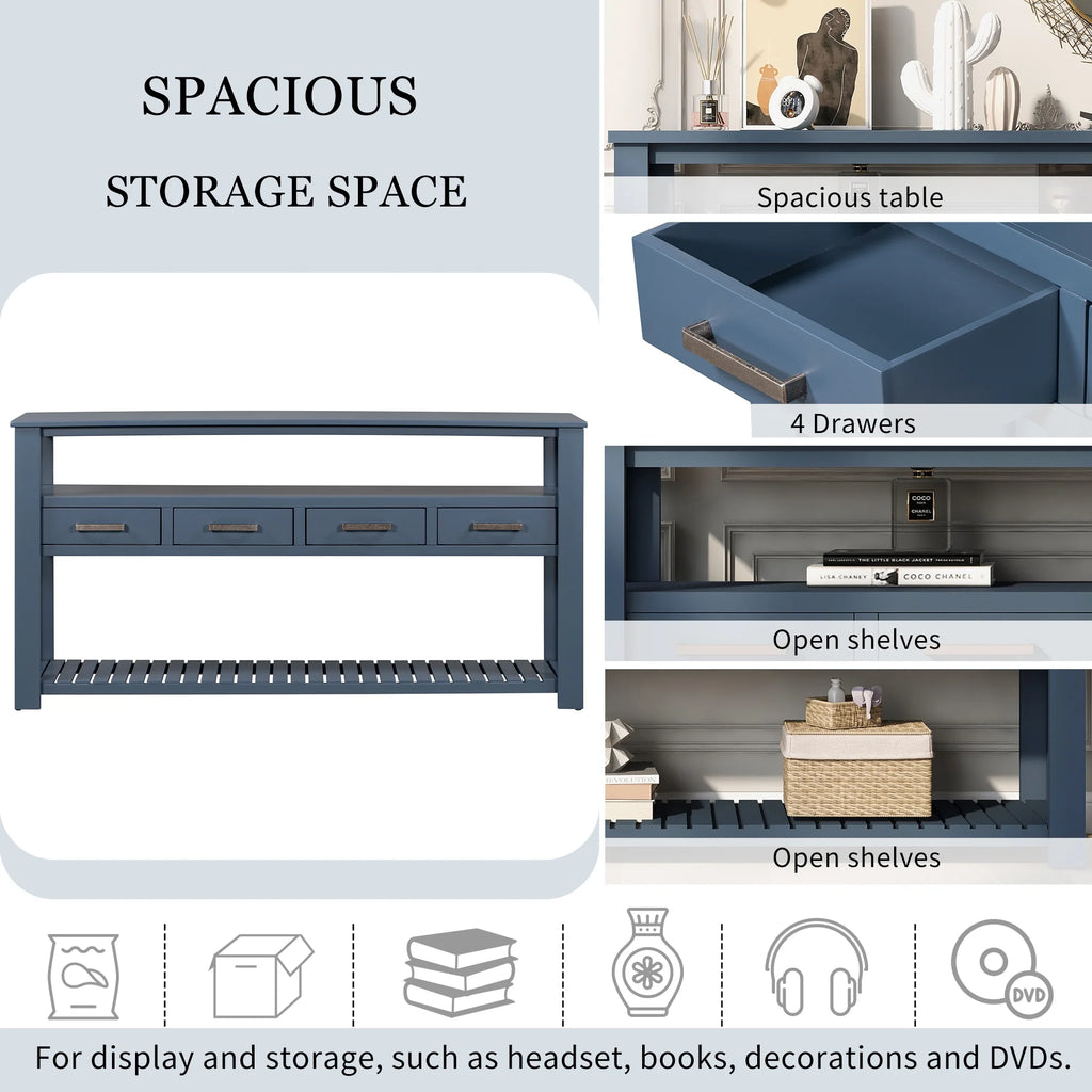 Navy Blue 62.2" Long Console Table with 4 Drawers and 2 Storage Shelves G63569
