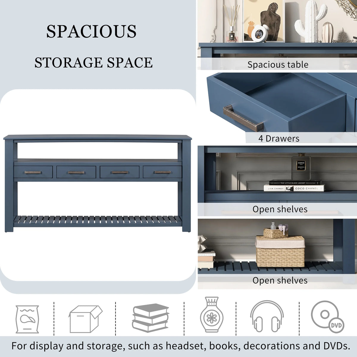 Navy Blue 62.2" Long Console Table with 4 Drawers and 2 Storage Shelves G63569