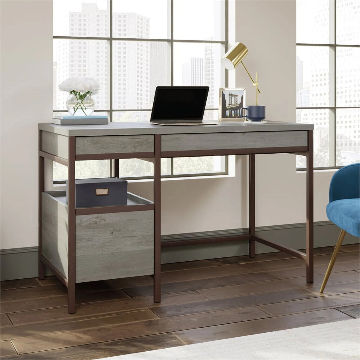 Engineered Wood Pedestal Desk in Mystic Oak Finish Q961243