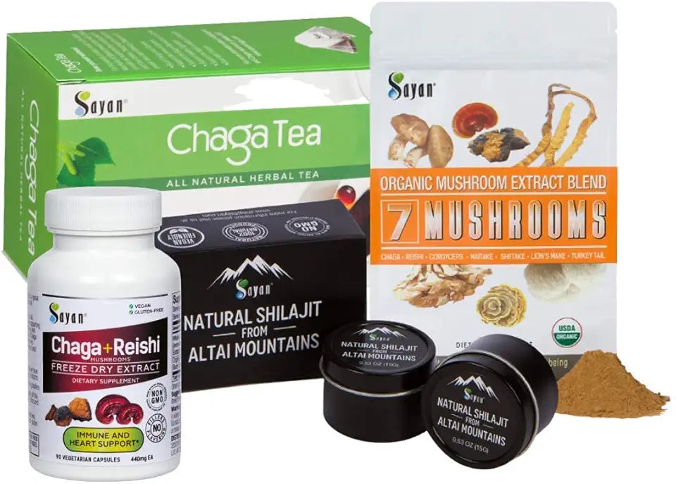 Chaga Mix Supplements, Shilajit Resin 30 g, 7 Mushroom Extract Powder, Reishi Extract Capsules 90 Capsules, Chaga Mushroom Tea 20 Bags D5795
