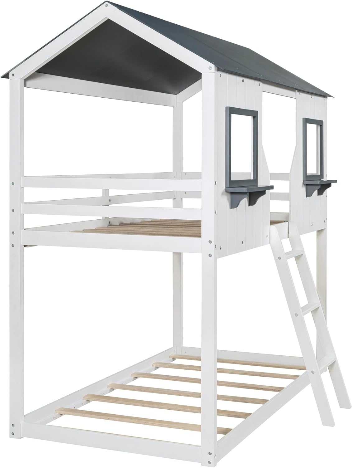 White Wood House Shape Kids Bed Frame with Roof Guardrail Ladder M673