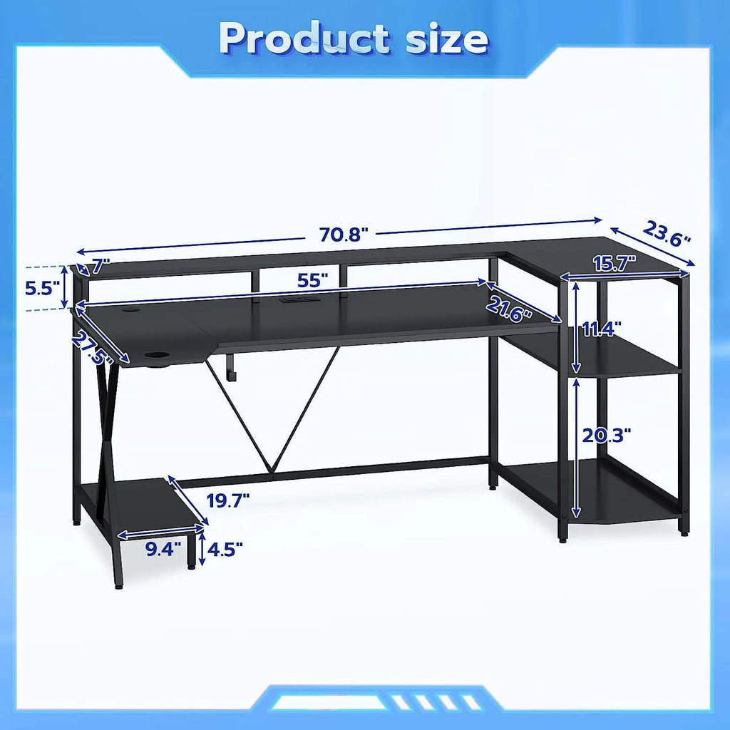 70.8'' Black Computer Desk with LED Lights and Storage Shelves H635681