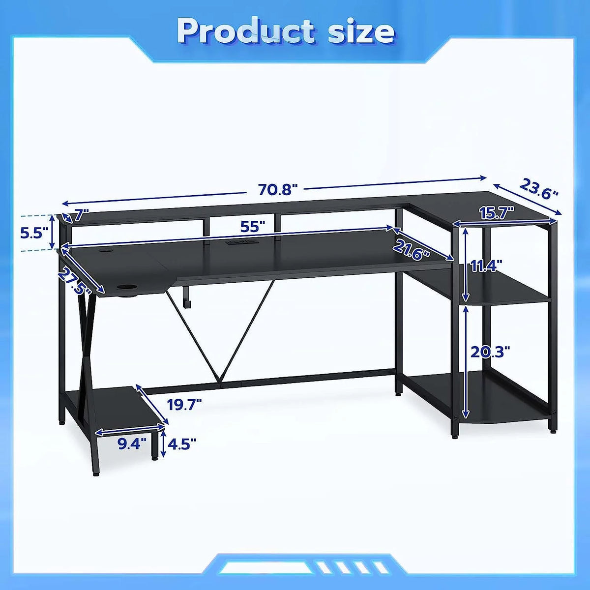 70.8'' Black Computer Desk with LED Lights and Storage Shelves H635681