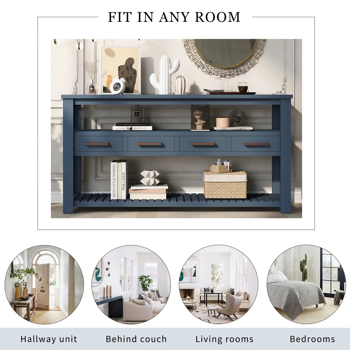Navy Blue 62.2" Long Console Table with 4 Drawers and 2 Storage Shelves G63569